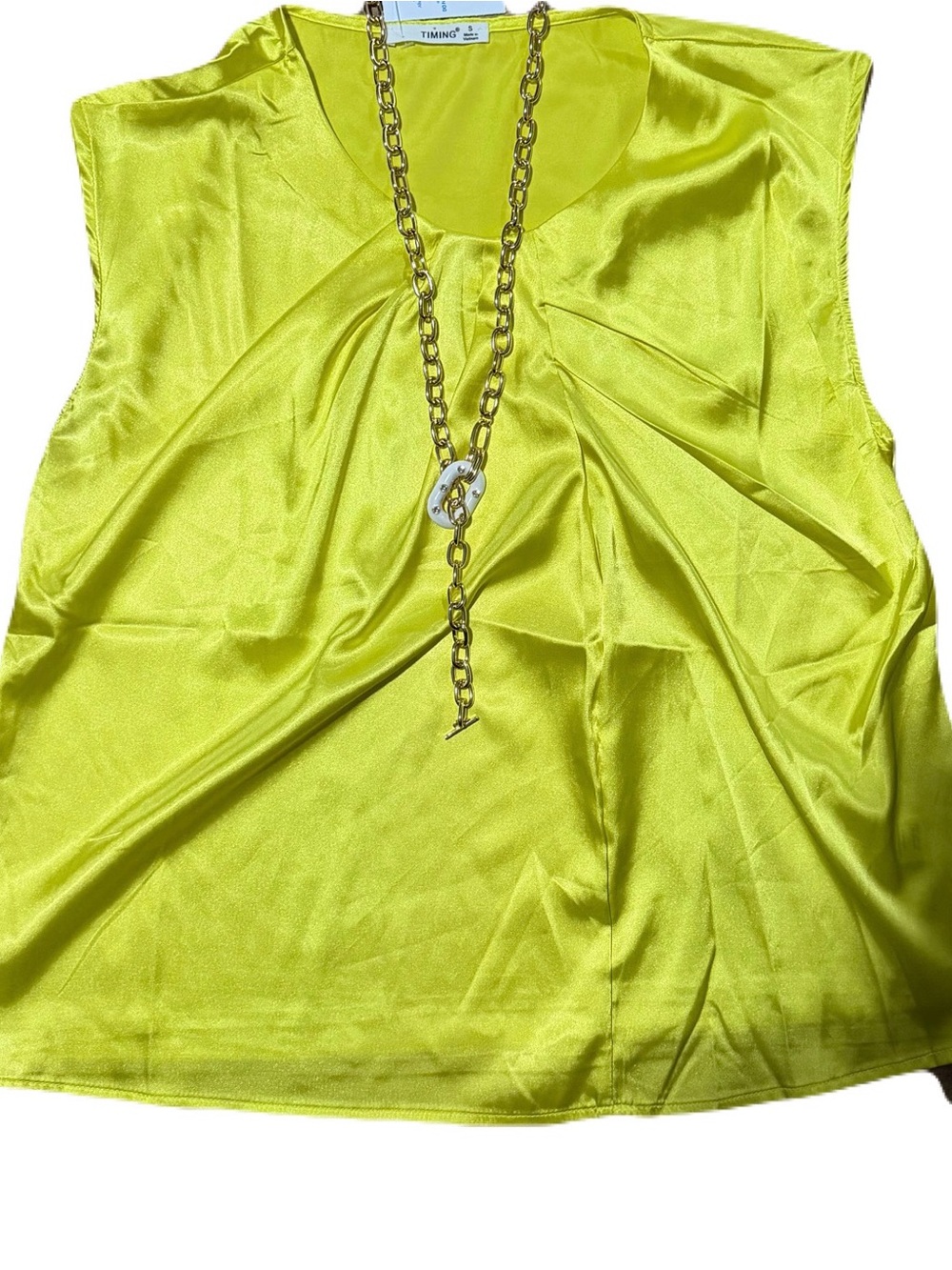 Timing Lime Green Satin Sleeveless Blouse & NWT Beya Gold Link Chain Necklace